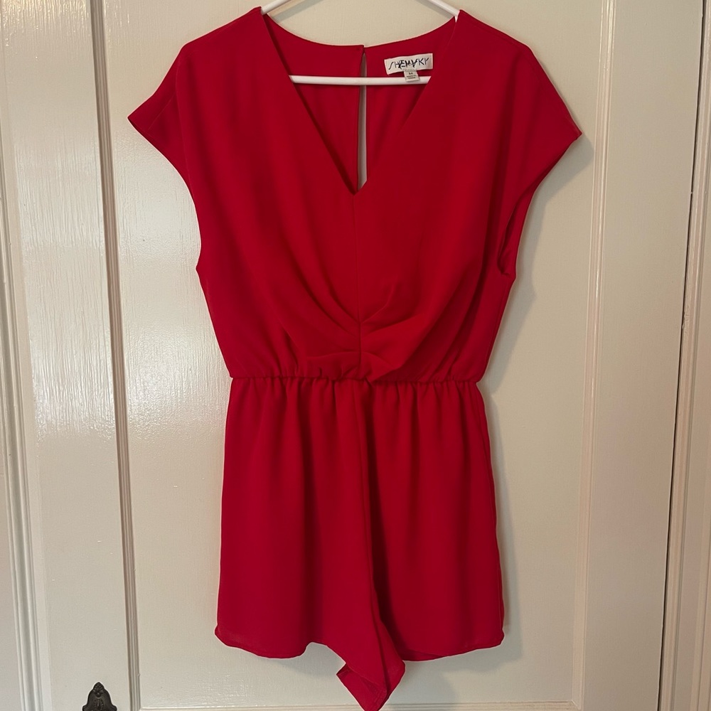 Red Ruched Romper w Open Back